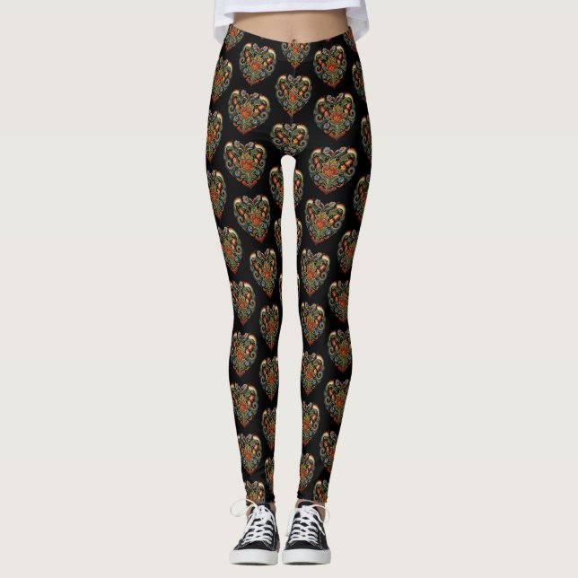 Norwegian Rosemaling Folk Art Heart Leggings (Front)