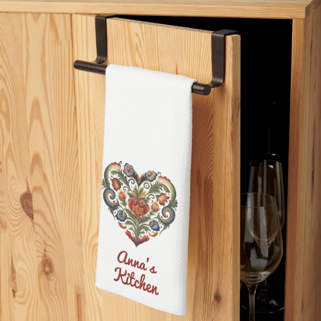 Norwegian Rosemaling Folk Art Heart Personalized   Kitchen Towel (Thirds Fold)