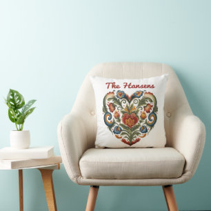 Norwegian Rosemaling Folk Art Heart Personalized  Throw Pillow