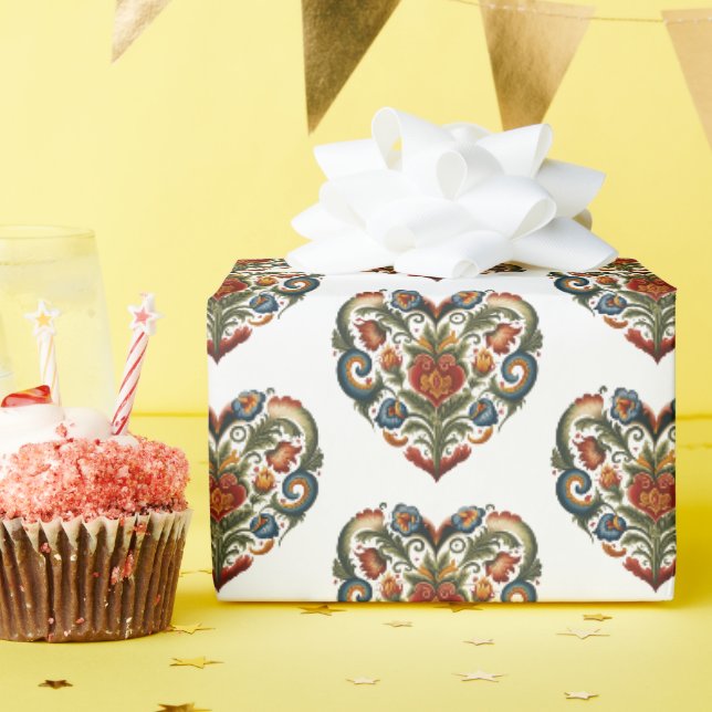 Norwegian Rosemaling Folk Art Heart Sticker Wrapping Paper (Birthday Party)