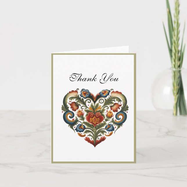 Norwegian Rosemaling Folk Art Heart | Thank you Card (Front)