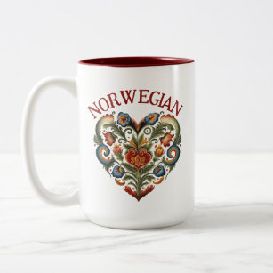 Norwegian Rosemaling Folk Art Heart  Two-Tone Coffee Mug