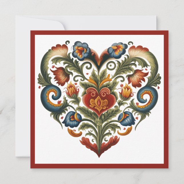 Norwegian Rosemaling Folk Art Heart Valentines Holiday Card (Front)