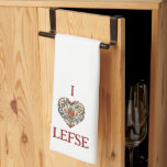 Norwegian Rosemaling I Love Lefse Kitchen Towel<br><div class="desc">This hat features a Norwegian Rosemaling style Folk Art Heart design that goes with the phrase I heart lefse (I love lefse). Colours include red,  blue,  green and golden yellow.</div>