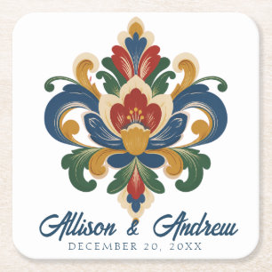 Norwegian Rosemaling Wedding Square Paper Coaster