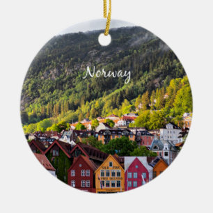 Norwegian town with mountains in the background ceramic ornament