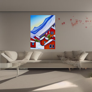 Norwegian village in the mountain   AI Art Poster