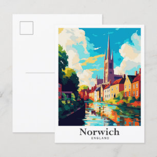 Norwich England Art Vintage Travel Illustration Postcard