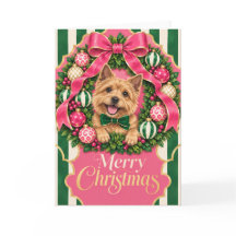 Norwich Terrier Christmas Card - Pink Wreath