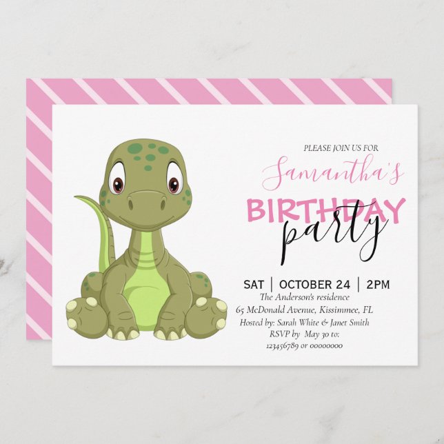 Nos Invitations De Dinosaures Roses (Devant / Derrière)
