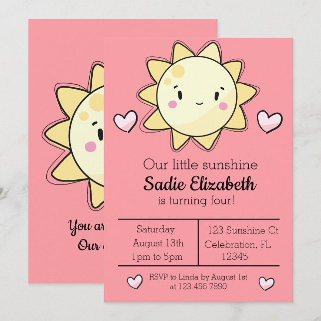 Nos Petites Filles Soleil Rose Invitation Annivers (Devant / Derrière)