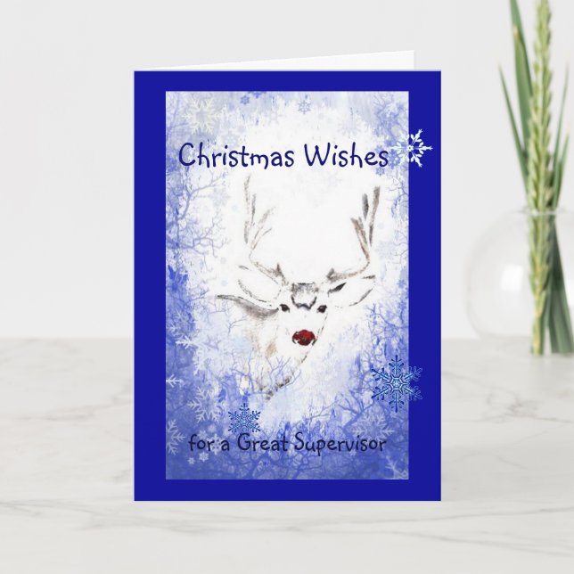 Nose Humour Reindeer, Snowflakes Supervisor Holiday Card (Front)