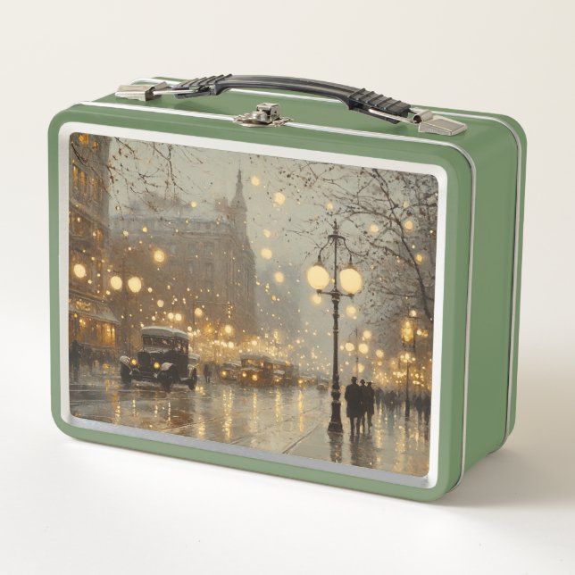 Nostalgale Snowy Cityscape Lunchbox métallique (Devant)