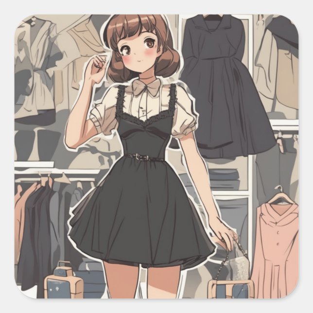 Nostalgic Anime Little Black Dress Decal -Artistic Square Sticker (Front)