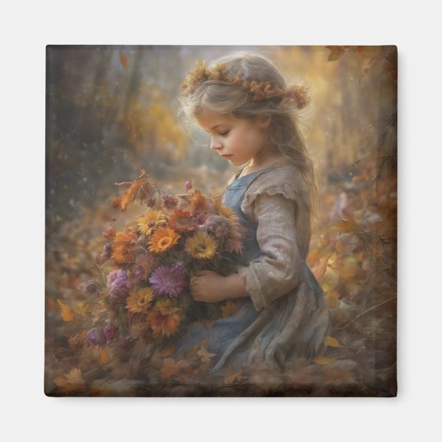 Nostalgic Autumn Child with Wildflower Bouquet Magnet (Front)