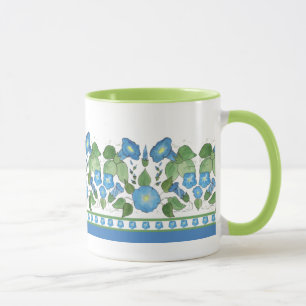Nostalgic Blue Morning Glory Floral Border, White Mug