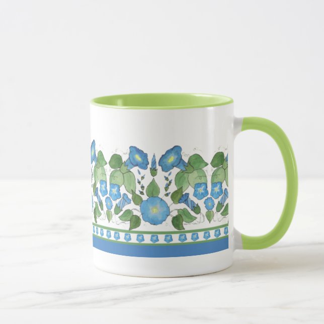 Nostalgic Blue Morning Glory Floral Border, White Mug (Right)