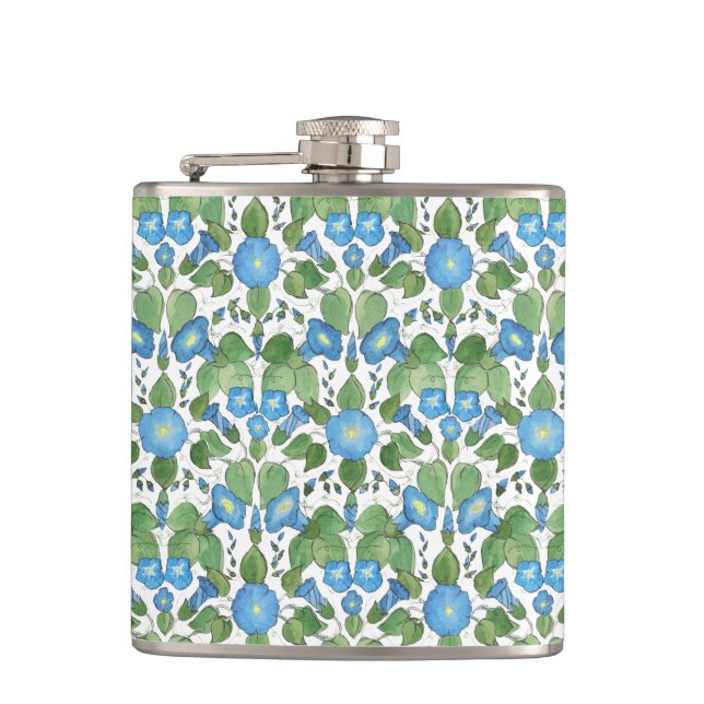 Nostalgic Blue Morning Glory Hip Flask (Front)