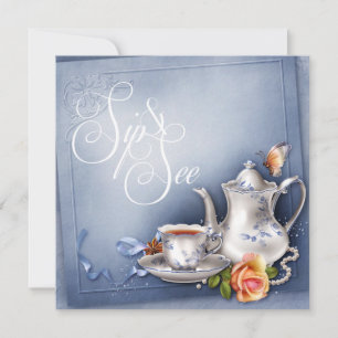 Nostalgic Blue Tea Time Sip and See Baby Shower Invitation