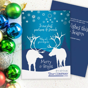 Nostalgic Blue, White Reindeer, Company Logo Foil Holiday Card