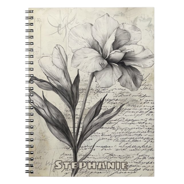 Nostalgic Brown Flower Sketch Antique Paper Notebook (Front)