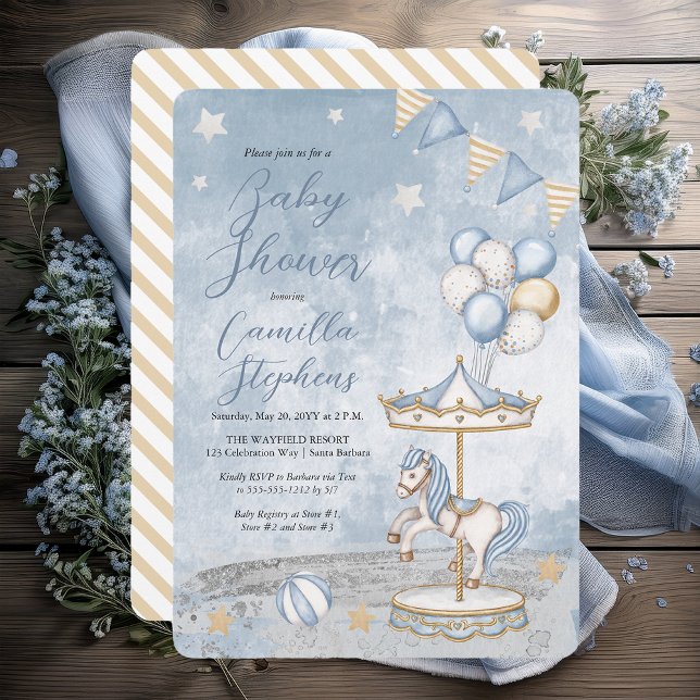 Nostalgic Carousel Horse-Themed Baby Shower Invitation (Nostalgic Coastal Carousel Themed Boy Baby Shower Invitation - Print | Digital Download)