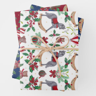Nostalgic Christmas Rocking Horse Bear Festive  Wrapping Paper Sheet