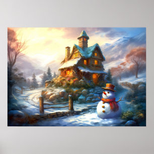 Nostalgic Christmas Snowman   Vintage Cottage Poster