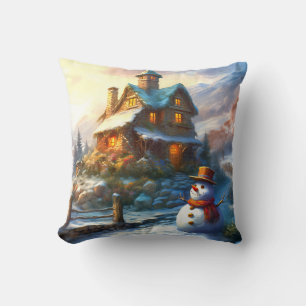 Nostalgic Christmas Snowman Vintage Cottage Throw Pillow