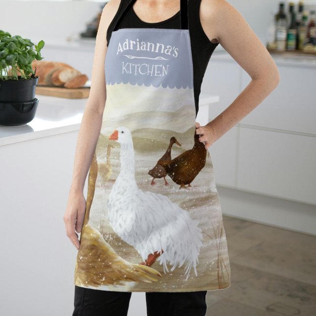 Nostalgic Farm Geese Personalized Light Blue Apron (light blue kitchen apron with geese, white & brown wild geese, personalized cooking apron with name)