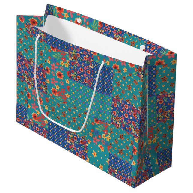 Nostalgic Faux Patchwork Large Gift Bag (Front Angled)