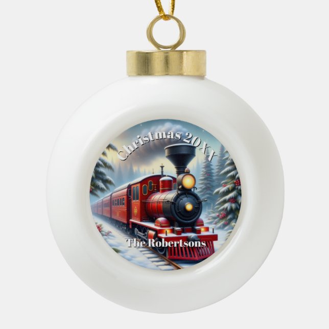 Nostalgic Festive Train Ceramic Ball Ornament  (Front)
