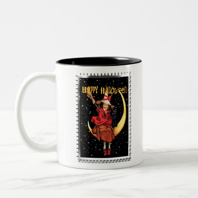 Nostalgic Halloween Good Witch and her Cat Two-Tone Coffee Mug (Left)