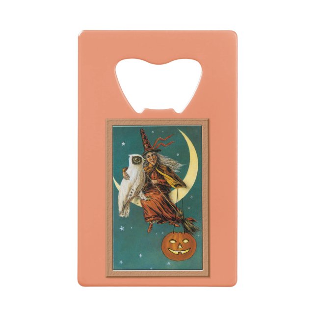 Nostalgic Happy Halloween Witch & Owl Credit Card Bottle Opener (Front)
