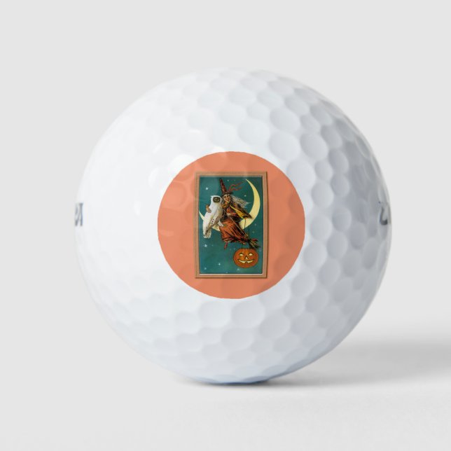 Nostalgic Happy Halloween Witch & Owl Golf Balls (Front)