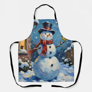 Nostalgic Happy Snowman with Bluebird Winter Scene Apron