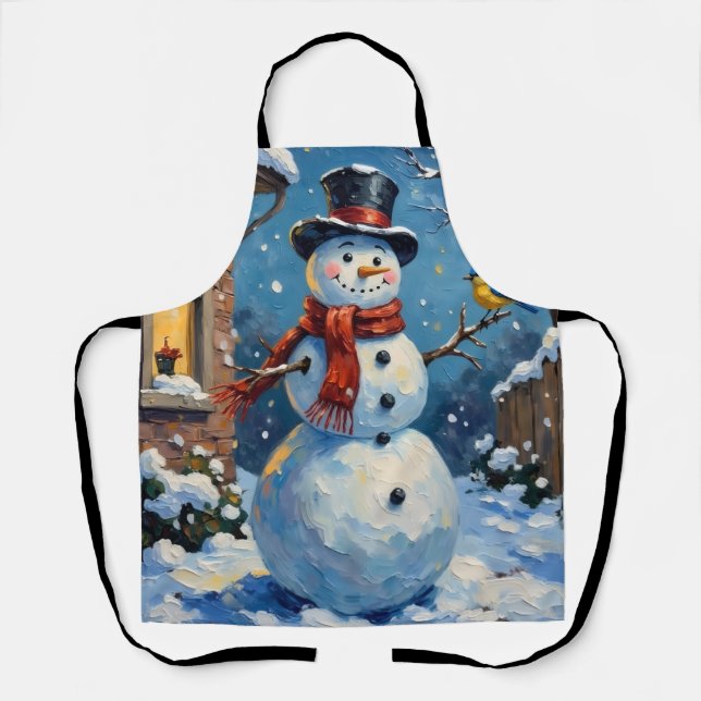 Nostalgic Happy Snowman with Bluebird Winter Scene Apron (Front)