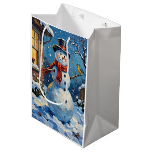 Nostalgic Happy Snowman with Bluebird Winter Scene Medium Gift Bag