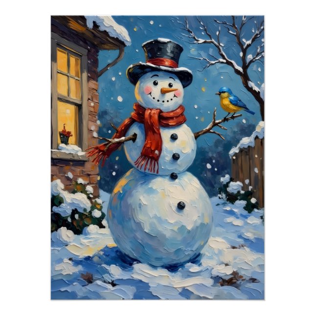 Nostalgic Happy Snowman with Bluebird Winter Scene Poster (Front)