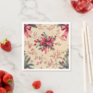 Nostalgic Holiday Pink Bows & Berries Découpage Napkin