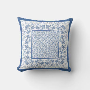 Nostalgic Indigo Blue and White Floral Border Throw Pillow