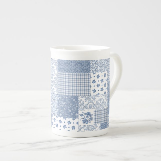 Nostalgic Indigo Faux Patchwork Bone China Mug (Front Right)
