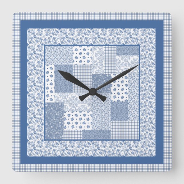 Nostalgic Indigo Faux Patchwork Square Wall Clock (Front)