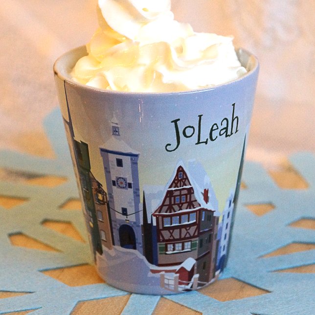 Nostalgic Light Blue Bavaria Christmas Coffee Latte Mug (Nostalgic German Bavarian Town, Christmas Latte Coffee Mug, Personalized Name, Light Blue, Green)