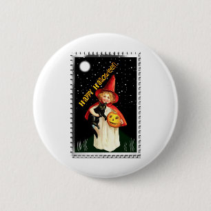 Nostalgic Little Girl, Jack-o’-lantern and Cat 2 Inch Round Button