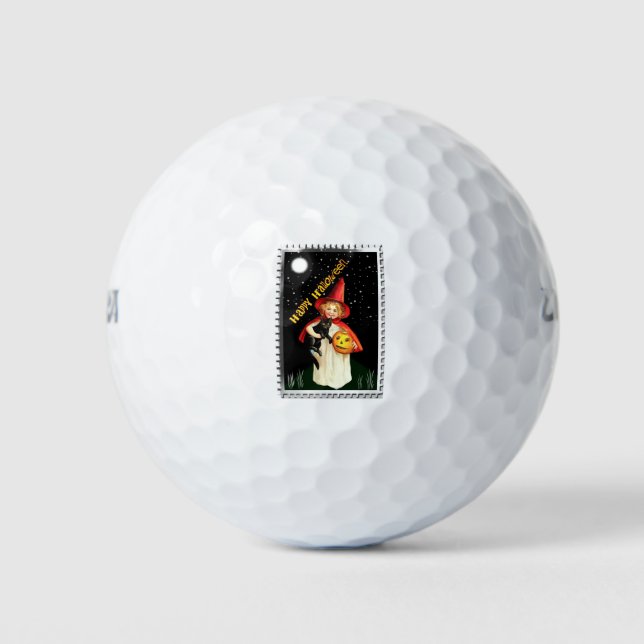 Nostalgic Little Girl, Jack-o’-lantern and Cat Golf Balls (Front)