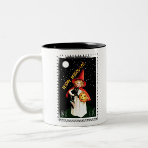 Nostalgic Little Girl, Jack-o’-lantern and Cat Two-Tone Coffee Mug