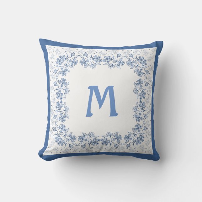 Nostalgic Monogram Indigo Floral Border Throw Pillow (Front)