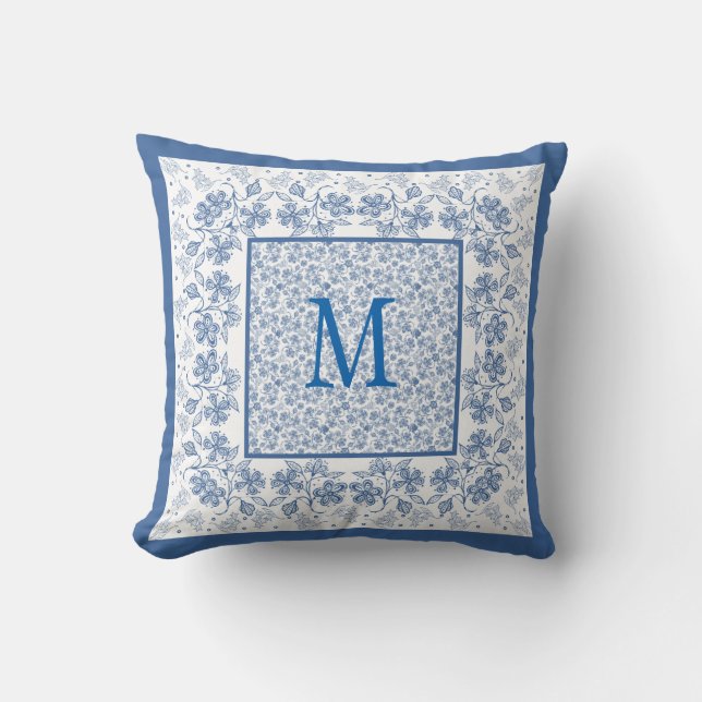 Nostalgic Monogram Indigo Floral Border Throw Pillow (Front)