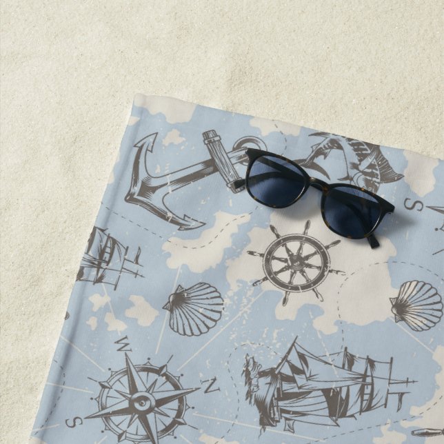 Nostalgic nautical themed blue pattern beach towel (In Situ)